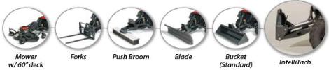 Intellitach quick change options Mower, Forks, Push broom, Blade, Bucket